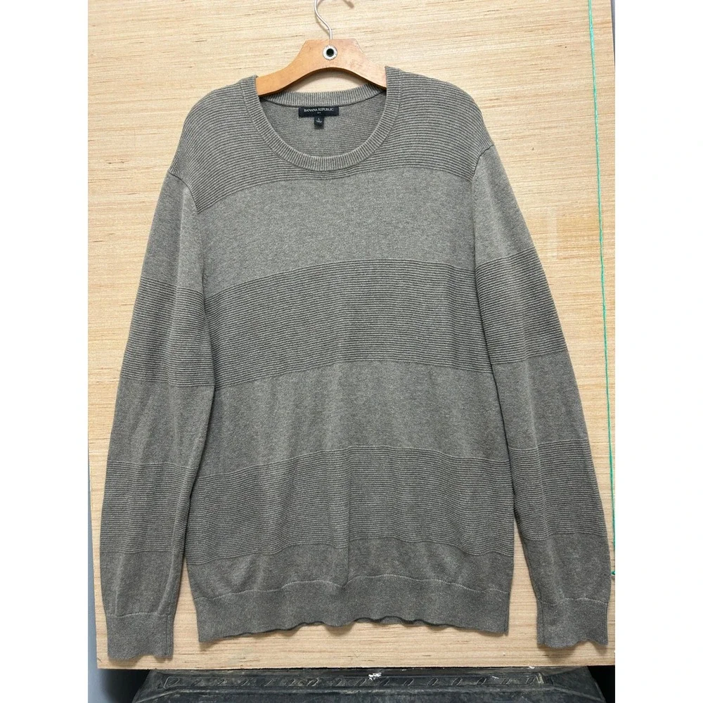 Banana Republic Mens‎ Large Grey Textured Stripe Crewneck Knit Sweater